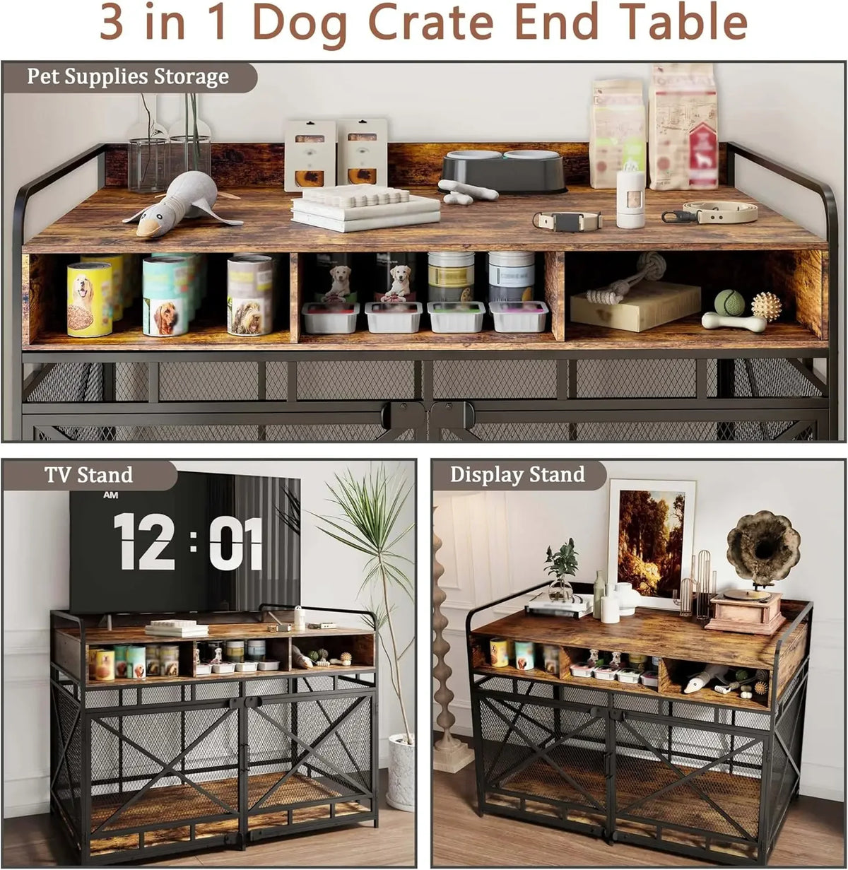 Dog Crate  48", Heavy-Duty Wood & Steel with Chew-Proof Mesh, Storage Compartments & Double Doors