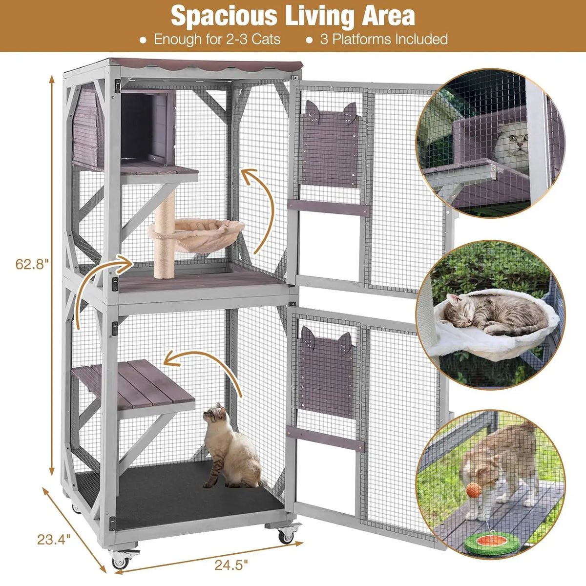 Catio Tower on Wheels 62.8", 4-Tier with Condo, Hammock & Window Access