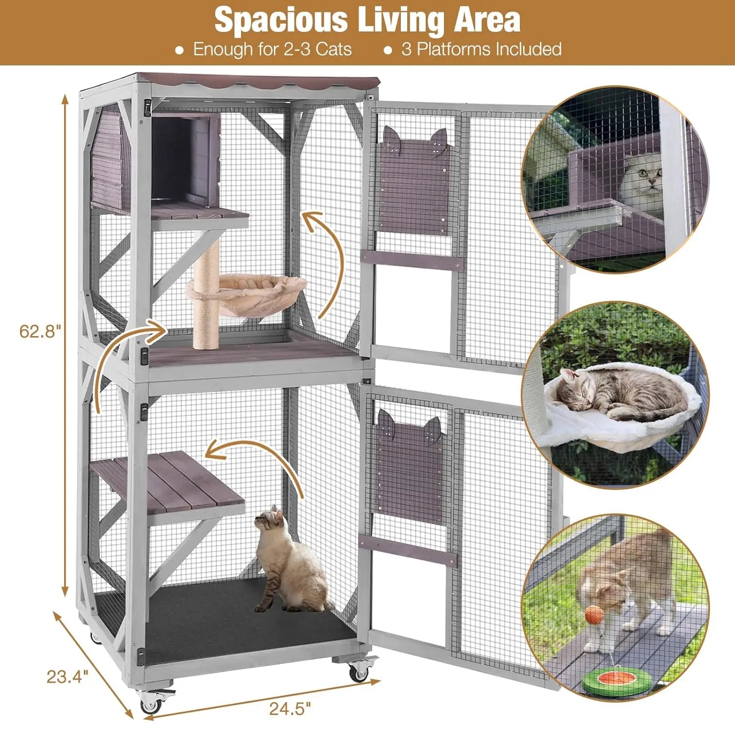 Catio Tower on Wheels 62.8", 4-Tier with Condo, Hammock & Window Access