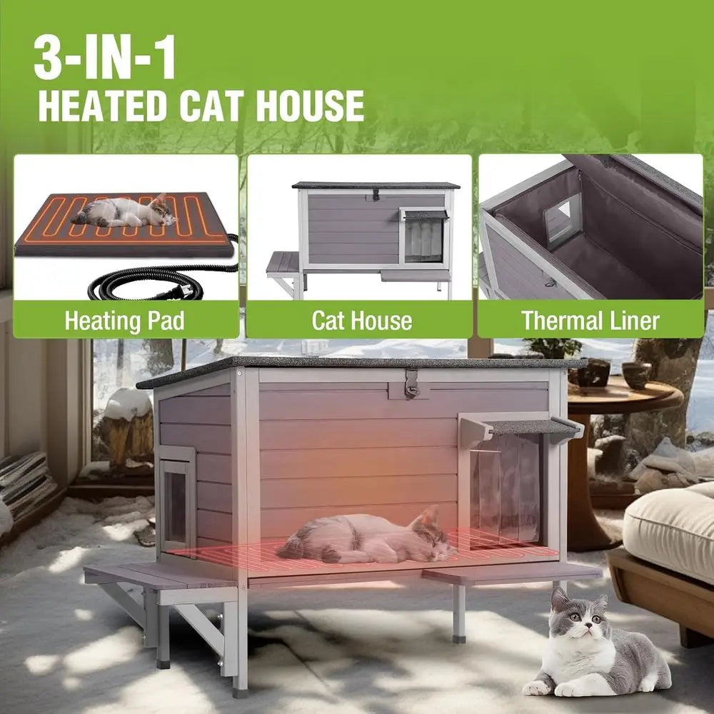 Heated Cat House 34", Wood with Heating Pad, Thermal Liner, Elevated Base & Side Platforms