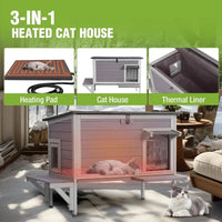 Heated Cat House 34", Wood with Heating Pad, Thermal Liner, Elevated Base & Side Platforms