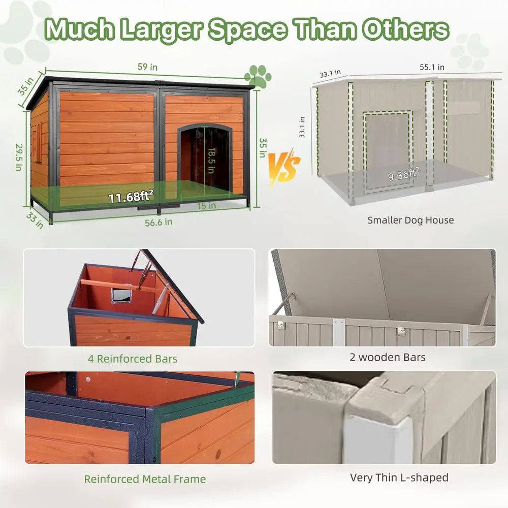 Insulated Outdoor Dog House 59", Wood with Anti-Chew Iron Frame, Foam Insulation, Openable Roof & Elevated Base