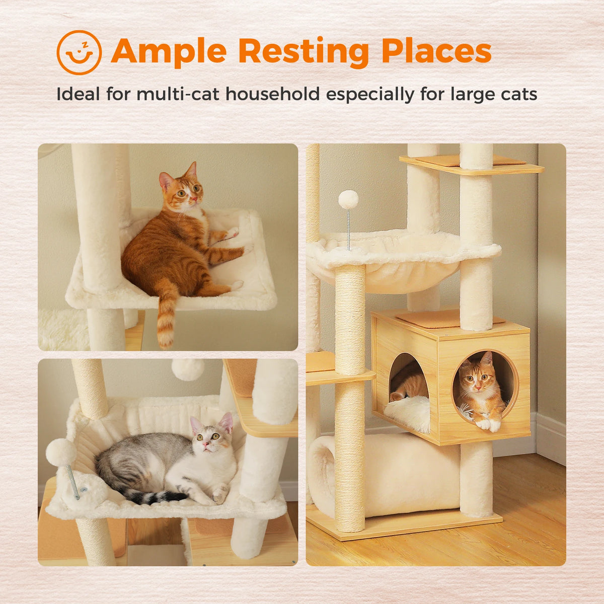 Cat Tree Floor to Ceiling 93"-101", Wooden Tower with Hammock, Condo & Sisal Posts