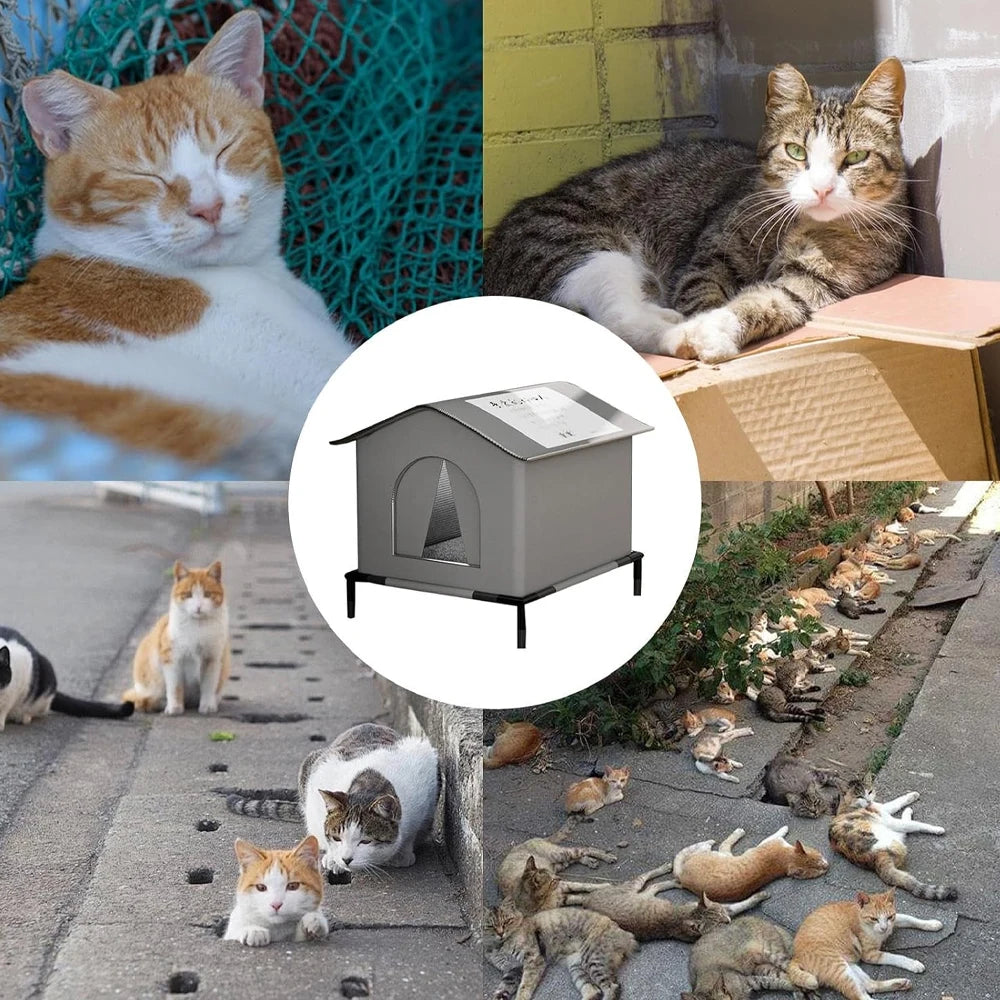 Cat House Outdoor 13"–16.5", Waterproof Elevated Shelter with Reversible Mat