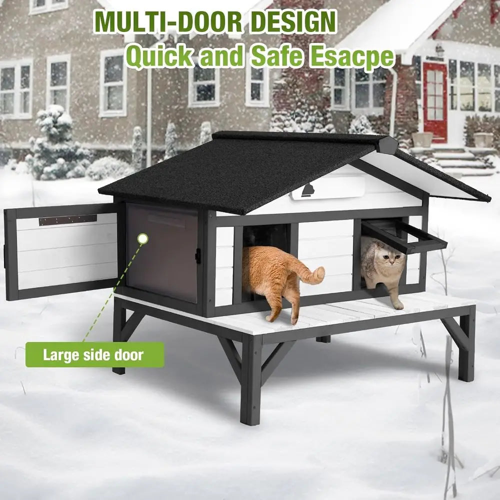 Heated Cat House 35", Large Wood Shelter with Porch, Washable Heated Pad & Thermal Liner