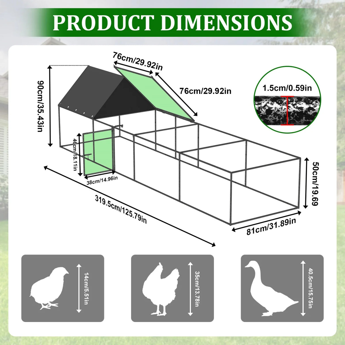 Chicken Coop Run 125", Metal Tunnel Pen with Nylon Netting, Waterproof Cover & Ground Pegs