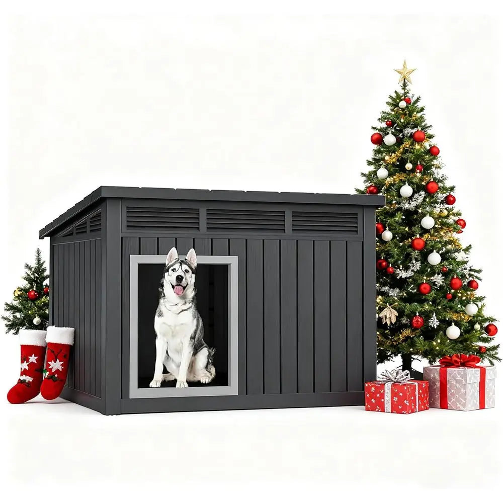 Dog House 43", Weatherproof Resin with Gas-Strut Opening Roof & Louvered Vents