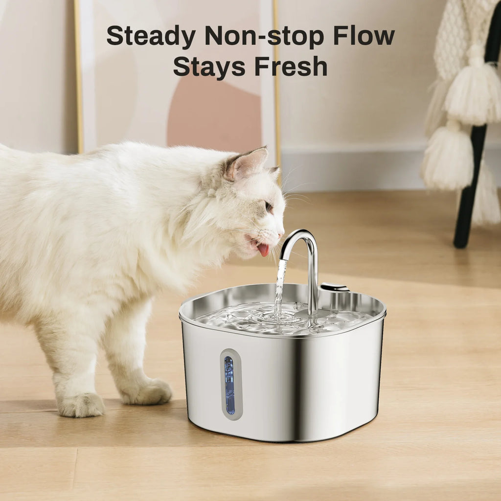 Cat Water Fountain 2.2L, Stainless Steel with Motion Sensor, 30dB Quiet Pump & Water Level Window