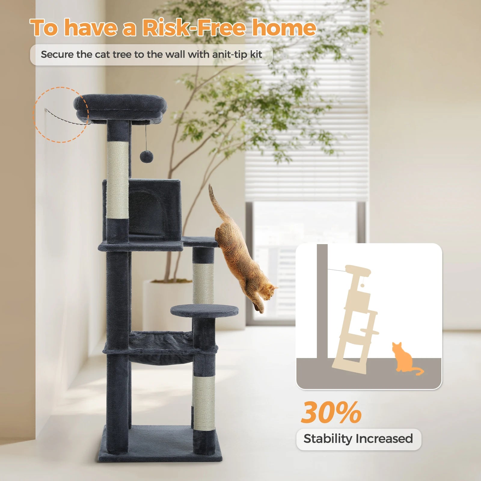 Cat Tree 143cm, 5-Level with Sisal Posts, Hammock, Condo & Top Perch