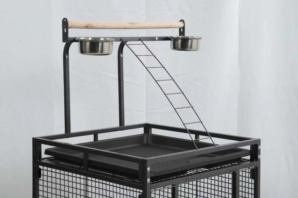 Play-Top Bird Cage 61" for Parrots, with Perch, Ladder, Stainless Feeder Cups, Anti-Splash Skirt & Rolling Stand