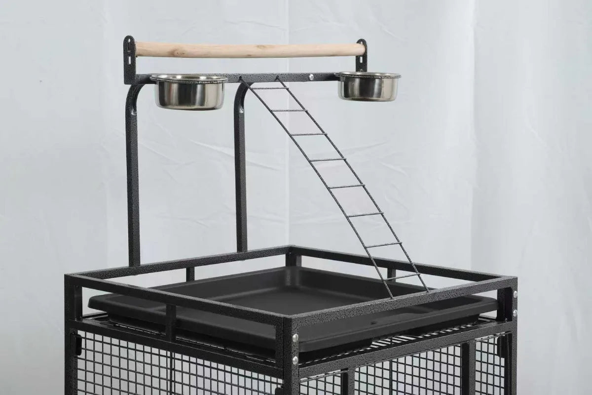 Play-Top Bird Cage 61" for Parrots, with Perch, Ladder, Stainless Feeder Cups, Anti-Splash Skirt & Rolling Stand