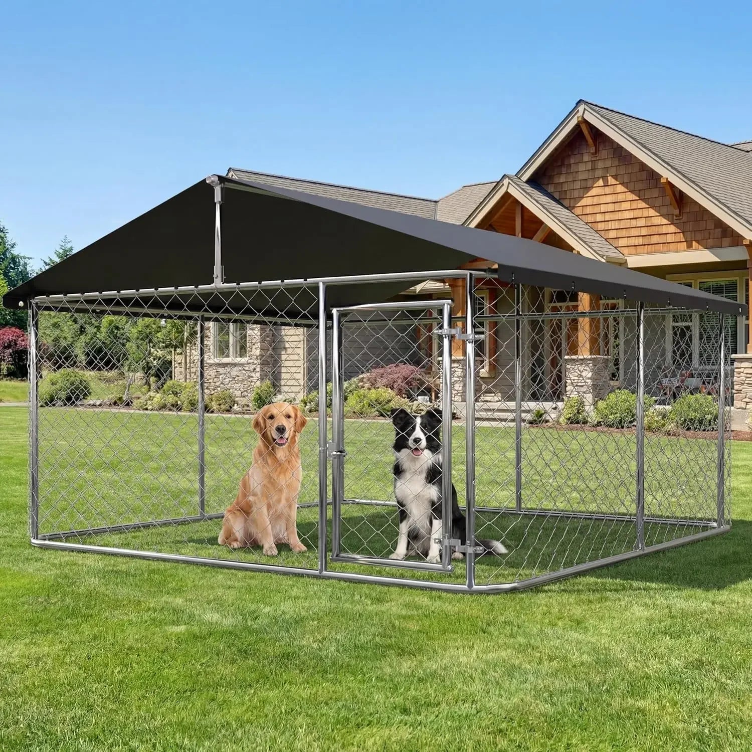 Outdoor Dog Kennel 6.5×6.5 ft, Galvanized Chain-Link with Waterproof Canopy Roof, Ground Stakes & Secure Lock