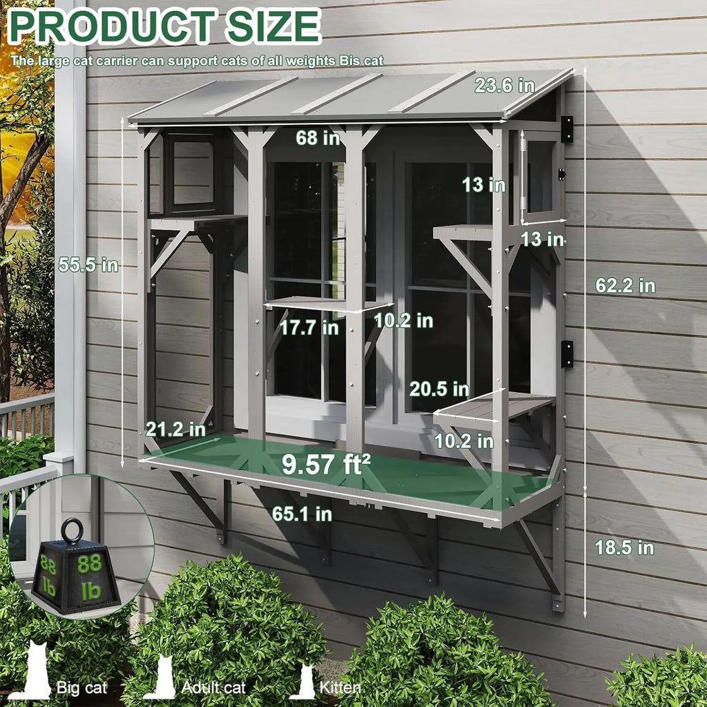 Window Catio 68", Solid Wood with 4 Platforms, Fine Mesh & Lockable Doors