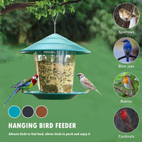 Bird Feeder 6.5", Hanging Seed Dispenser with Weatherproof Roof, Clear Reservoir & Wide Perch Ring
