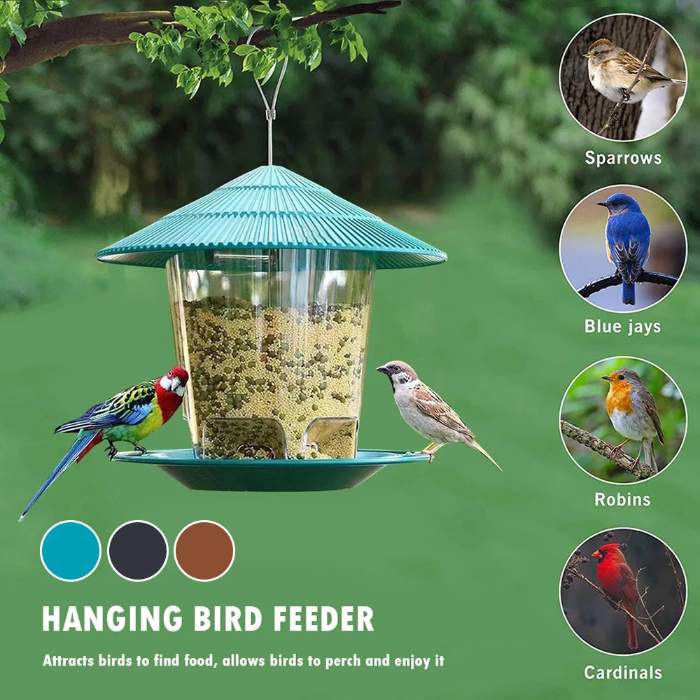 Bird Feeder 6.5", Hanging Seed Dispenser with Weatherproof Roof, Clear Reservoir & Wide Perch Ring