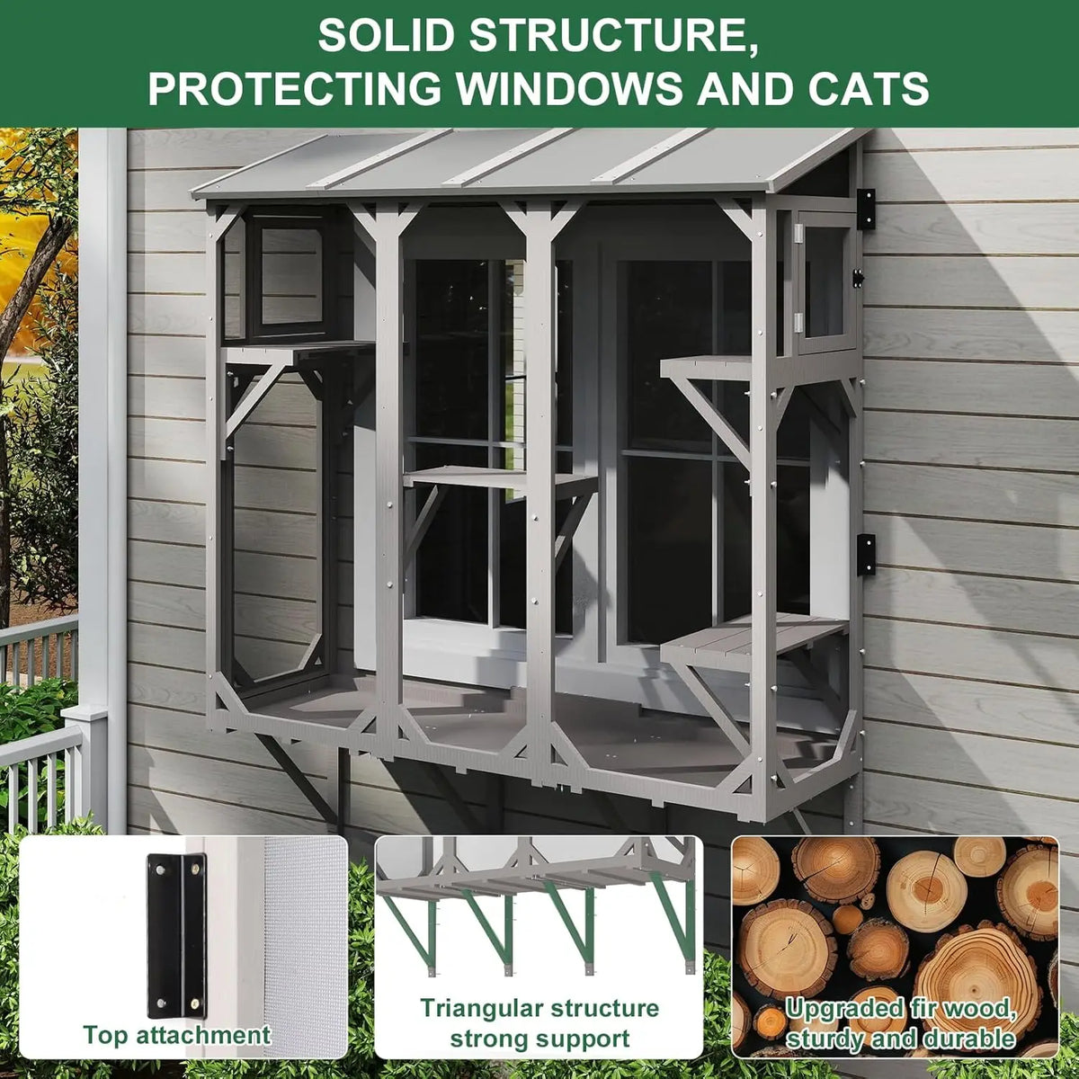 Window Catio 68", Solid Wood with 4 Platforms, Fine Mesh & Lockable Doors