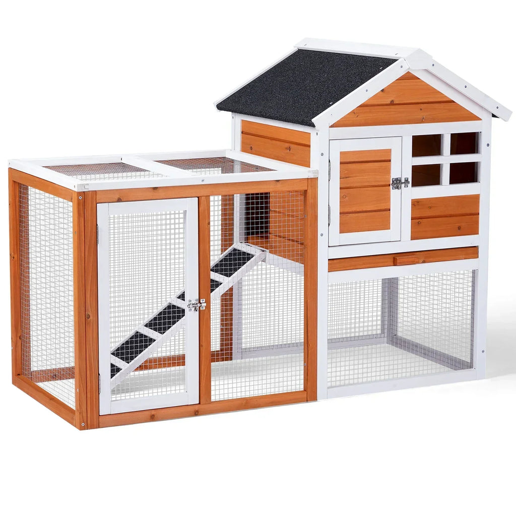 Wooden Rabbit Hutch 46" with Run, Fir Wood & Galvanized Mesh, Pull-Out Tray, Two Latching Doors & Waterproof Roof