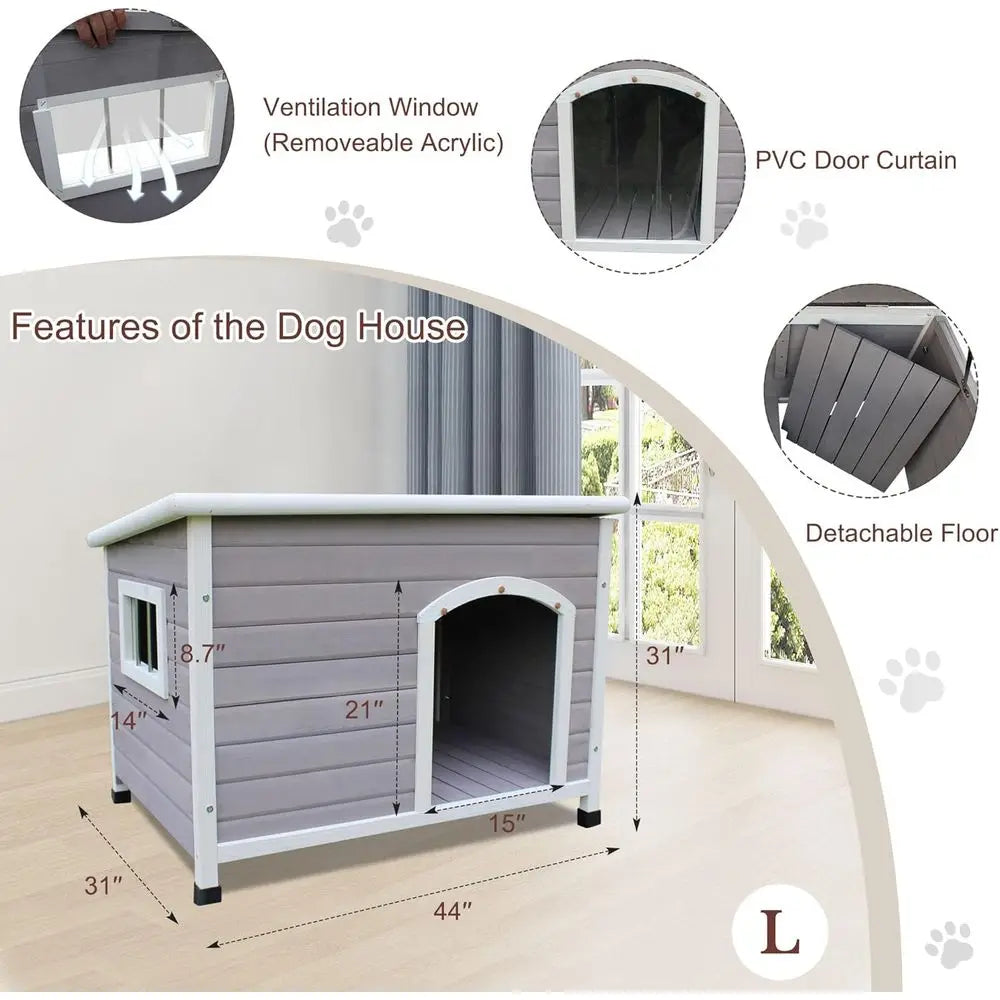 Outdoor Dog House 44", Wood with Openable Roof, Removable Window, PVC Door Curtain & Raised Floor