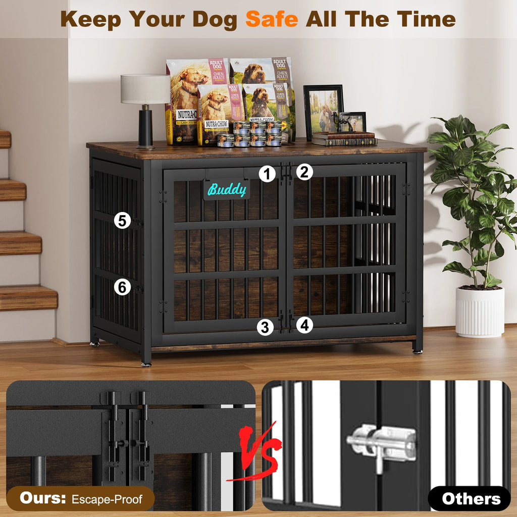 Dog Crate Furniture 41"–46", Heavy-Duty Metal & Wood with Double Doors, 6 Slide Locks & Locking Casters