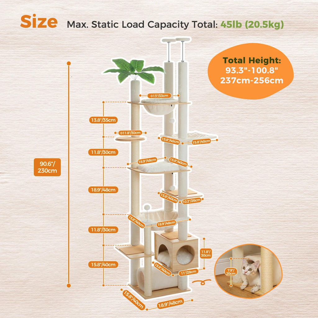 Cat Tree Floor to Ceiling 93"-101", Wooden Tower with Hammock, Condo & Sisal Posts