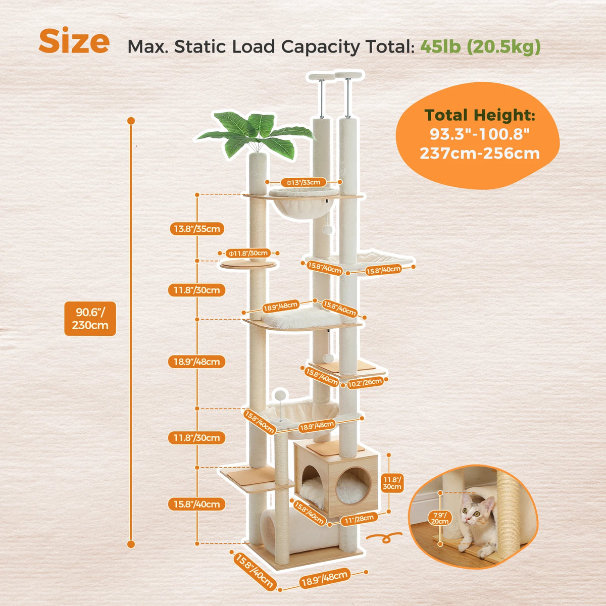 Cat Tree Floor to Ceiling 93"-101", Wooden Tower with Hammock, Condo & Sisal Posts