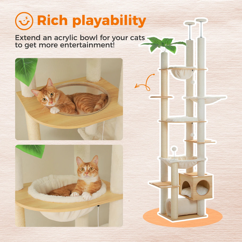 Cat Tree Floor to Ceiling 93"-101", Wooden Tower with Hammock, Condo & Sisal Posts