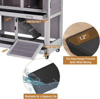 Mobile Rabbit Hutch 36" with Casters, Fir Wood, Two Deep Pull-Out Trays & Sliding Divider Door