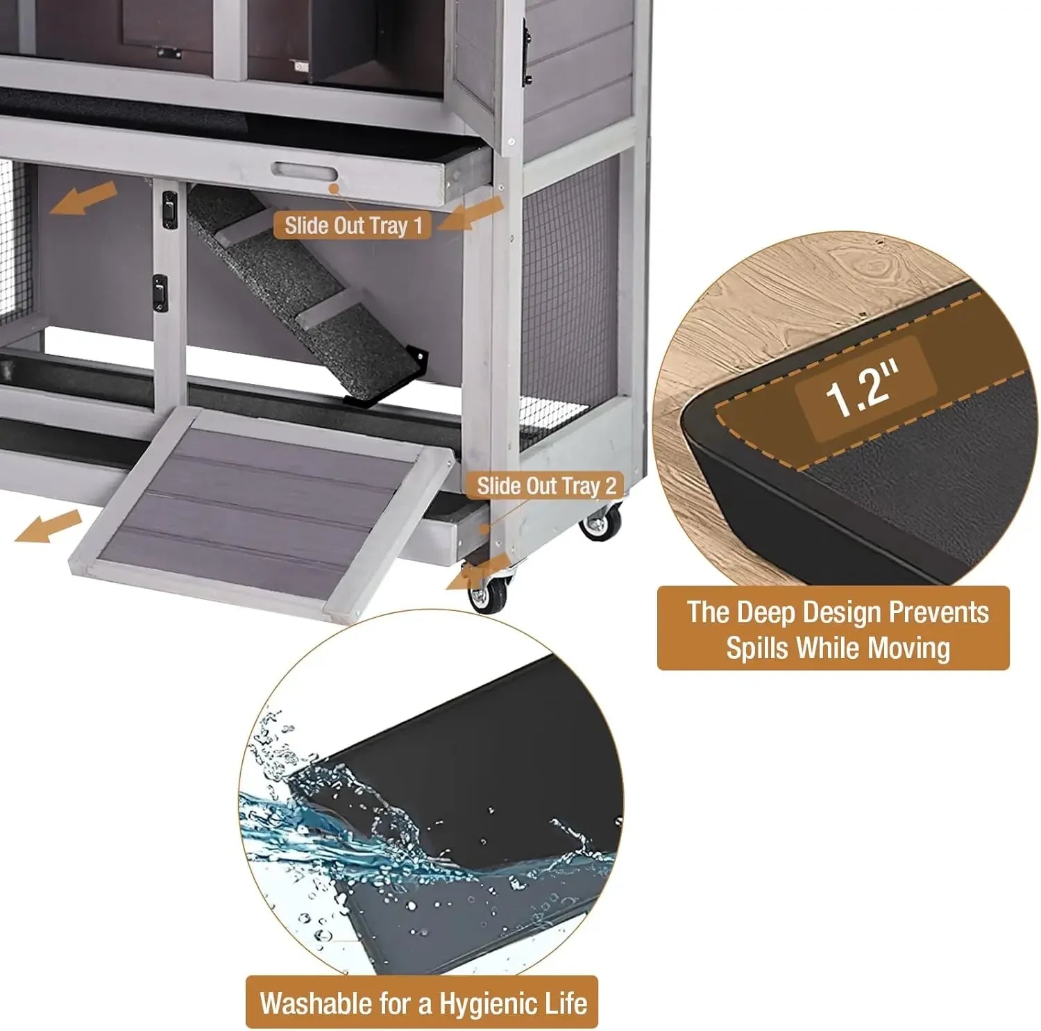 Mobile Rabbit Hutch 36" with Casters, Fir Wood, Two Deep Pull-Out Trays & Sliding Divider Door