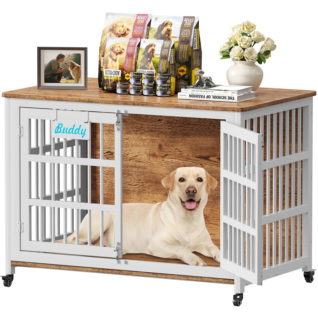 Dog Crate Furniture 41"–46", Heavy-Duty Metal & Wood with Double Doors, 6 Slide Locks & Locking Casters