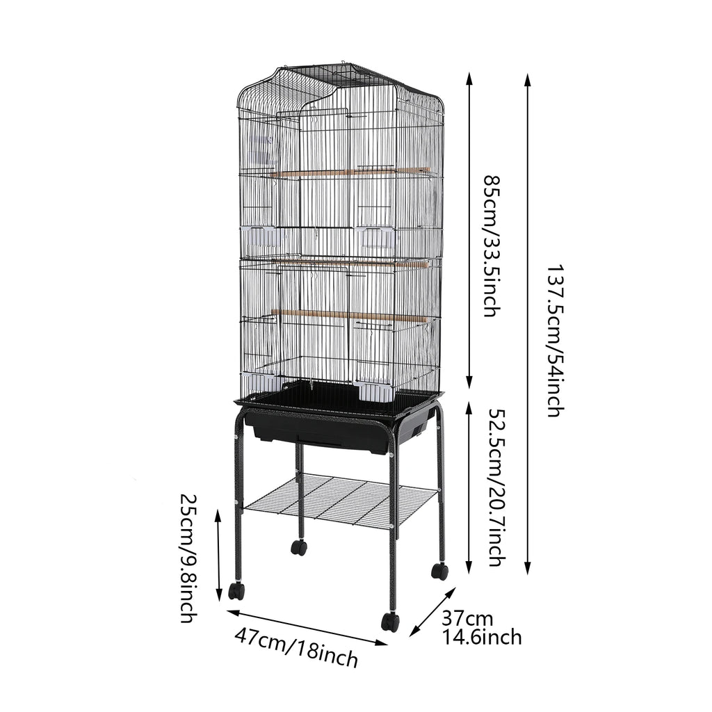 Bird Cage 54", Slim Steel Flight Cage for Cockatiels & Small Parrots with Lockable Door, Rolling Stand & Storage Shelf