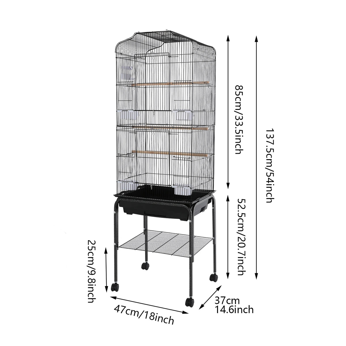 Bird Cage 54", Slim Steel Flight Cage for Cockatiels & Small Parrots with Lockable Door, Rolling Stand & Storage Shelf