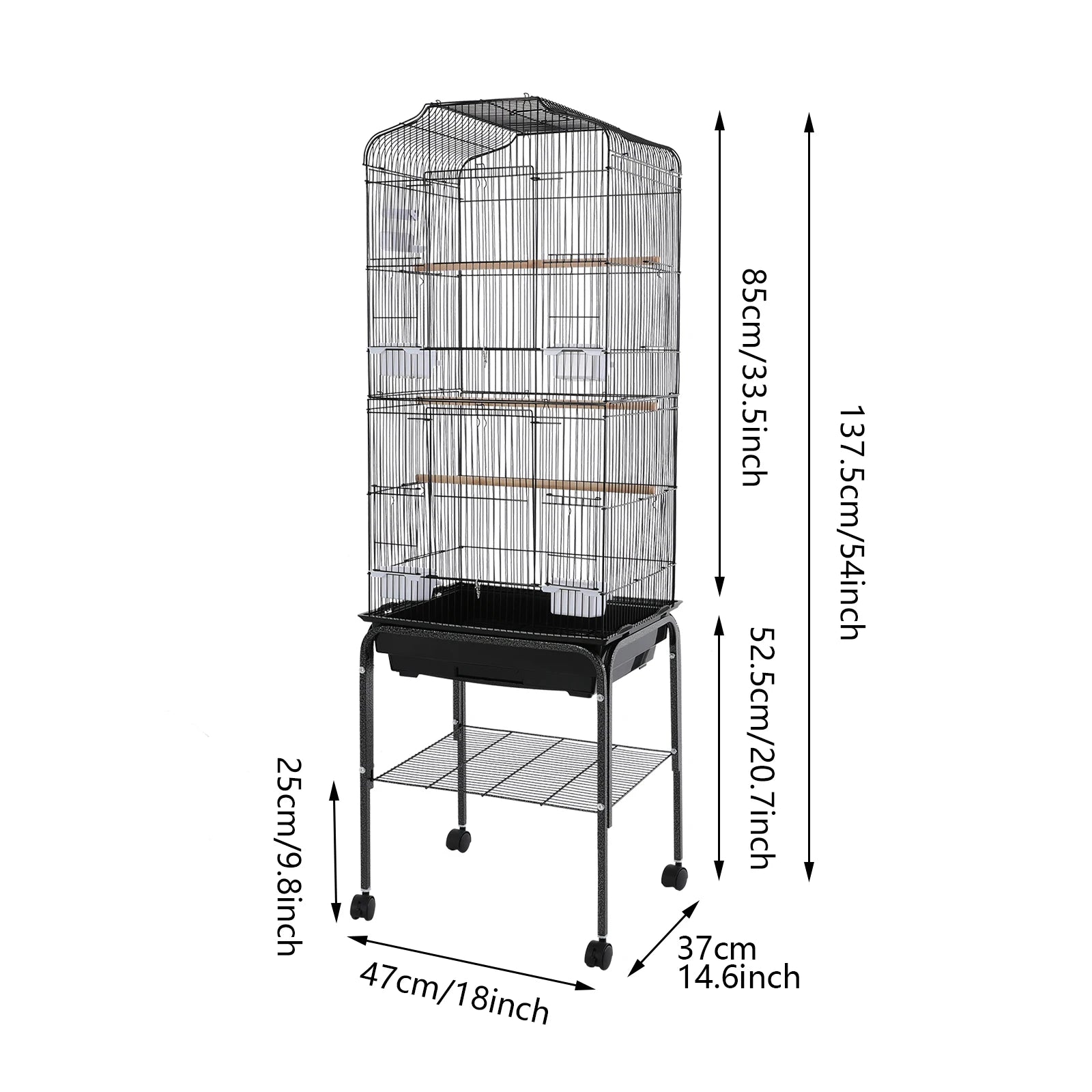 Bird Cage 54", Slim Steel Flight Cage for Cockatiels & Small Parrots with Lockable Door, Rolling Stand & Storage Shelf