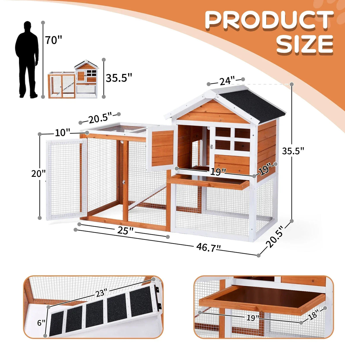 Wooden Rabbit Hutch 46" with Run, Fir Wood & Galvanized Mesh, Pull-Out Tray, Two Latching Doors & Waterproof Roof