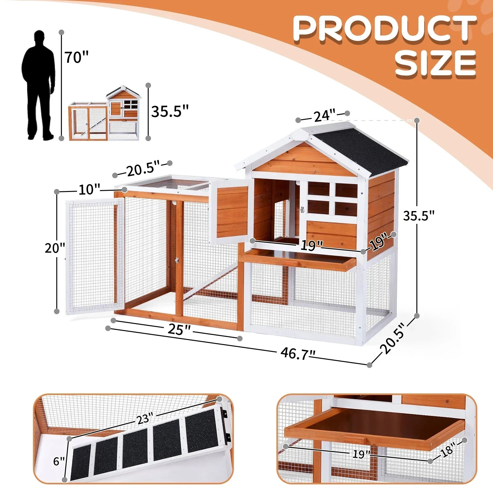 Wooden Rabbit Hutch 46" with Run, Fir Wood & Galvanized Mesh, Pull-Out Tray, Two Latching Doors & Waterproof Roof