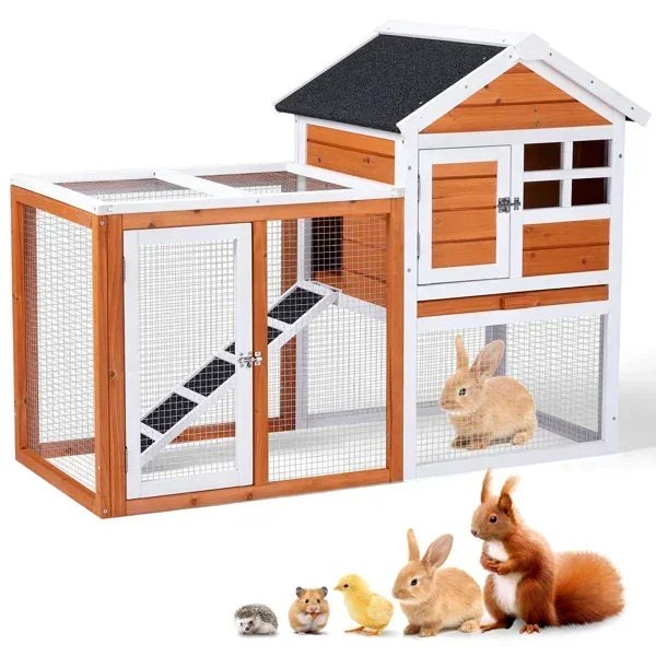 Wooden Rabbit Hutch 46" with Run, Fir Wood & Galvanized Mesh, Pull-Out Tray, Two Latching Doors & Waterproof Roof
