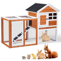 Wooden Rabbit Hutch 46" with Run, Fir Wood & Galvanized Mesh, Pull-Out Tray, Two Latching Doors & Waterproof Roof