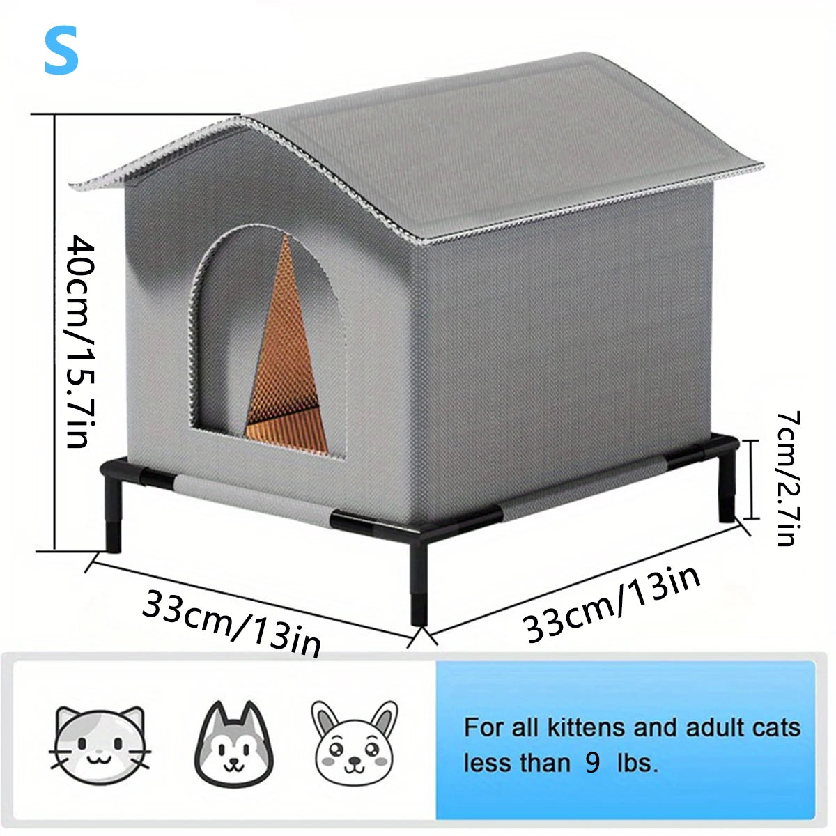Cat House Outdoor 13"–16.5", Waterproof Elevated Shelter with Reversible Mat