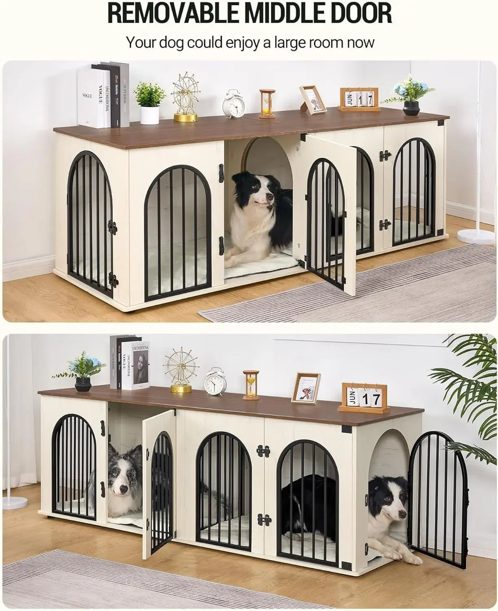 Dog Crate Furniture 71" for Two Dogs, Wood & Steel with Removable Divider, Arch Doors & Washable Cushions
