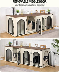 Dog Crate Furniture 71" for Two Dogs, Wood & Steel with Removable Divider, Arch Doors & Washable Cushions