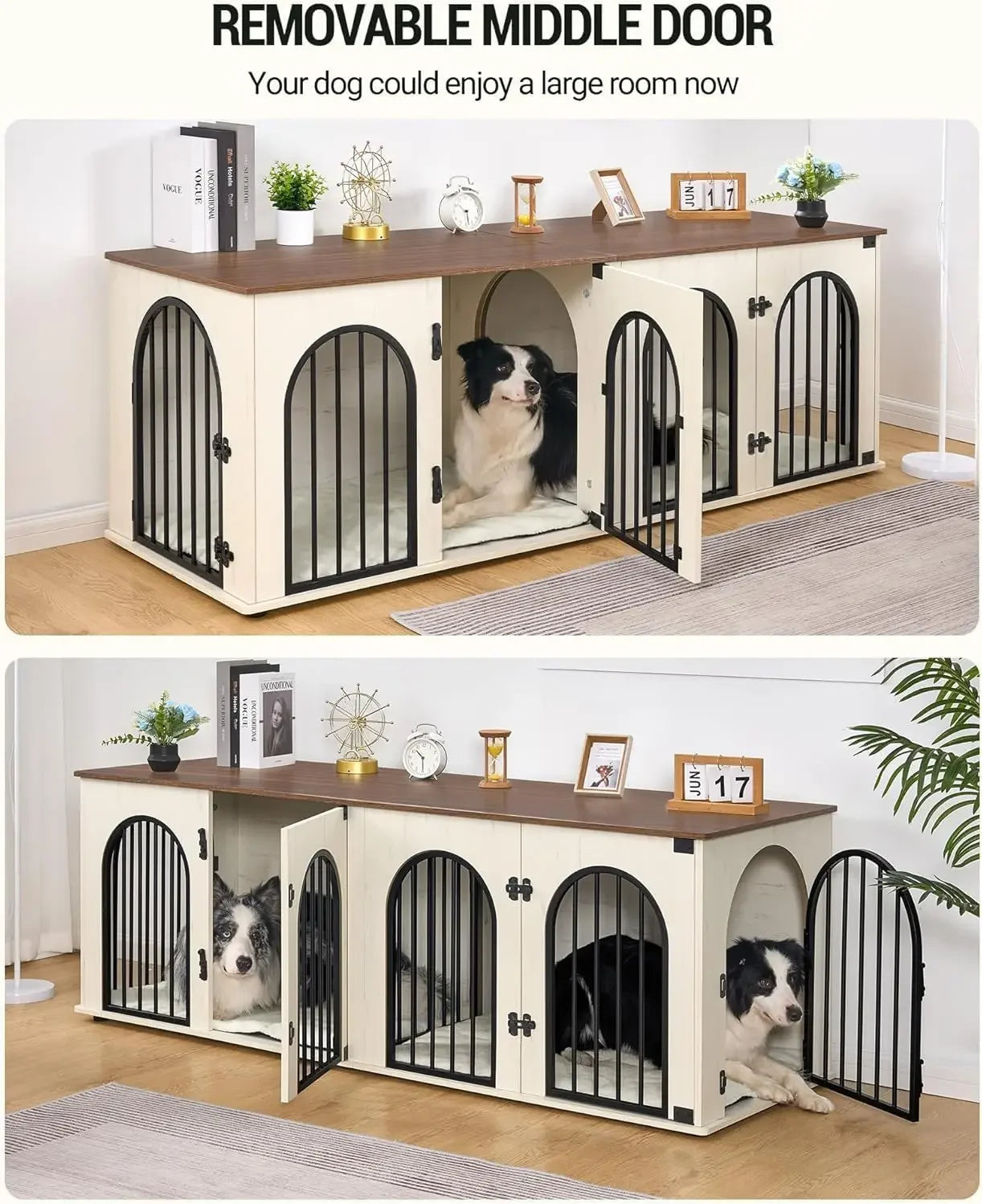Dog Crate Furniture 71" for Two Dogs, Wood & Steel with Removable Divider, Arch Doors & Washable Cushions