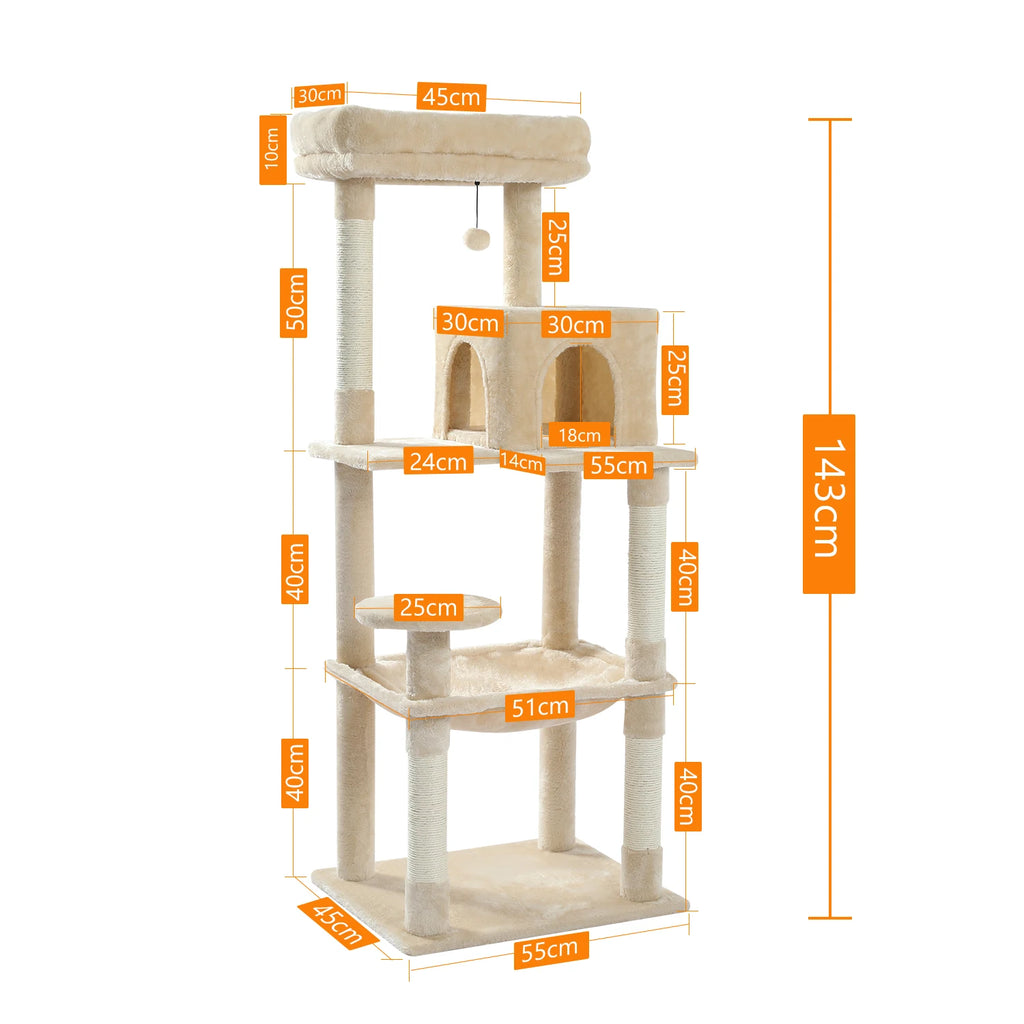 Cat Tree 143cm, 5-Level with Sisal Posts, Hammock, Condo & Top Perch