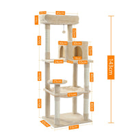 Cat Tree 143cm, 5-Level with Sisal Posts, Hammock, Condo & Top Perch