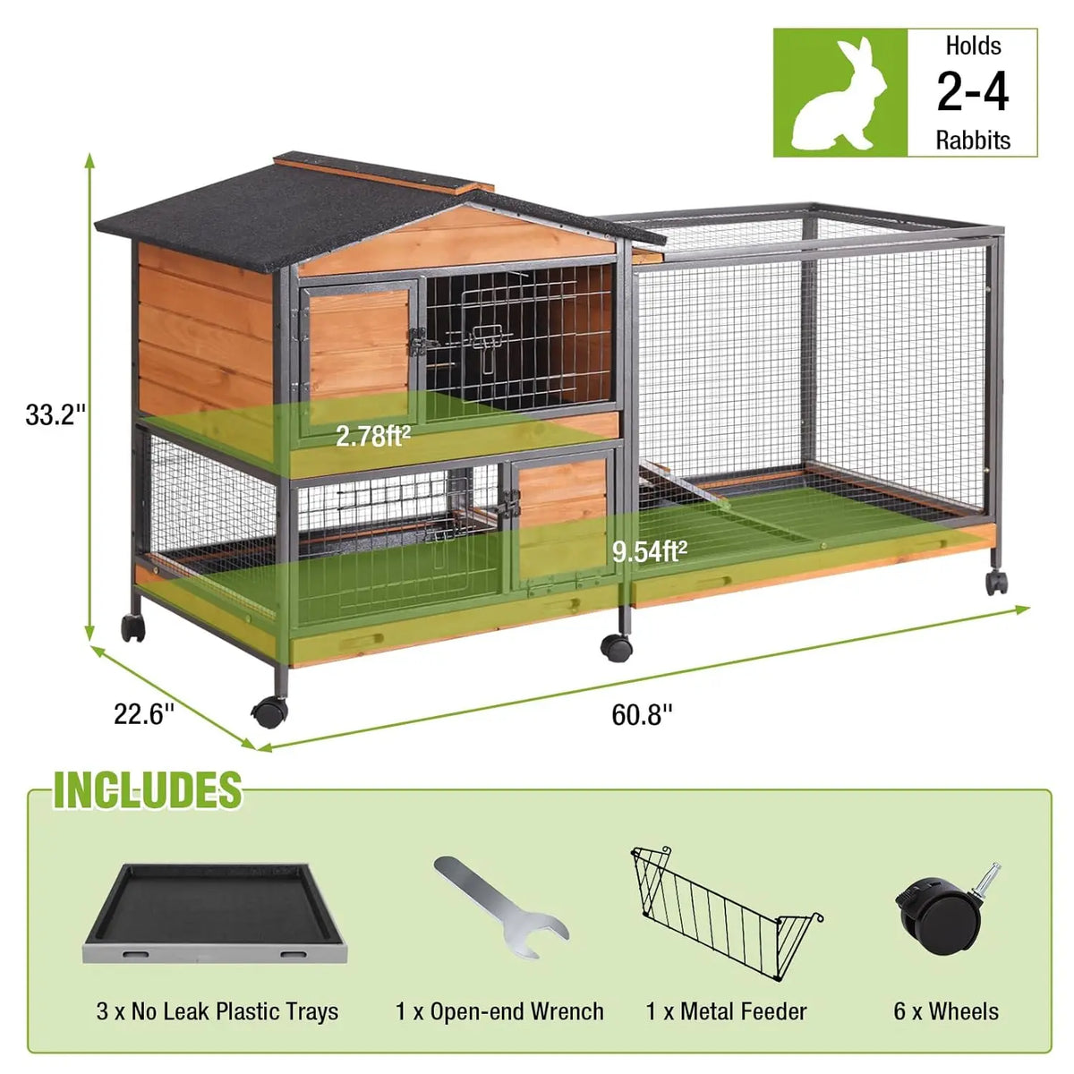 Rabbit Hutch 2-Story, Chew-Proof Wood with Metal Frame, 6 Locking Casters & 3 Pull-Out Trays