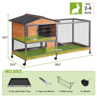 Rabbit Hutch 2-Story, Chew-Proof Wood with Metal Frame, 6 Locking Casters & 3 Pull-Out Trays