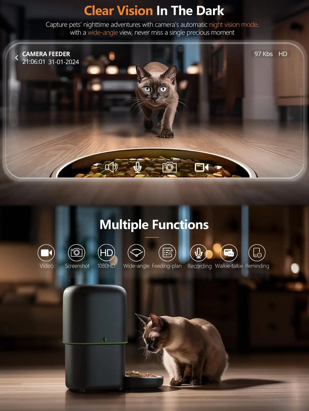 Automatic Cat Feeder 4L with 1080P Camera, Night Vision, Two-Way Voice & App Control