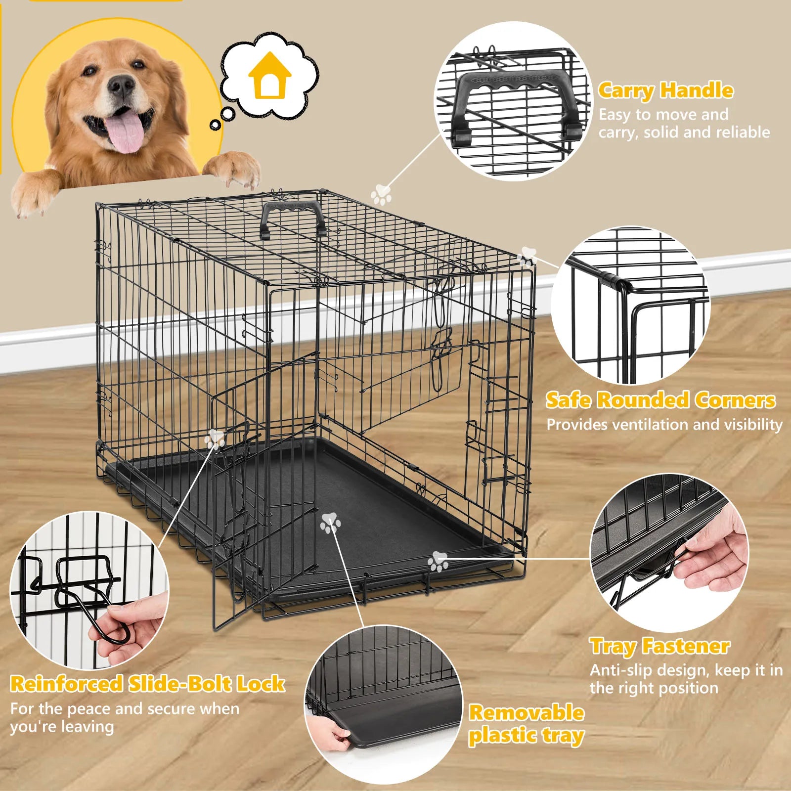 Dog Crate 36"–48", Folding Metal Wire with Double Doors, Divider Panel & Leak-Proof Tray