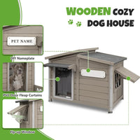 Outdoor Dog House 34", Fir Wood with Chew-Resistant Alloy Frame, Flip-Up Window & Removable Floor