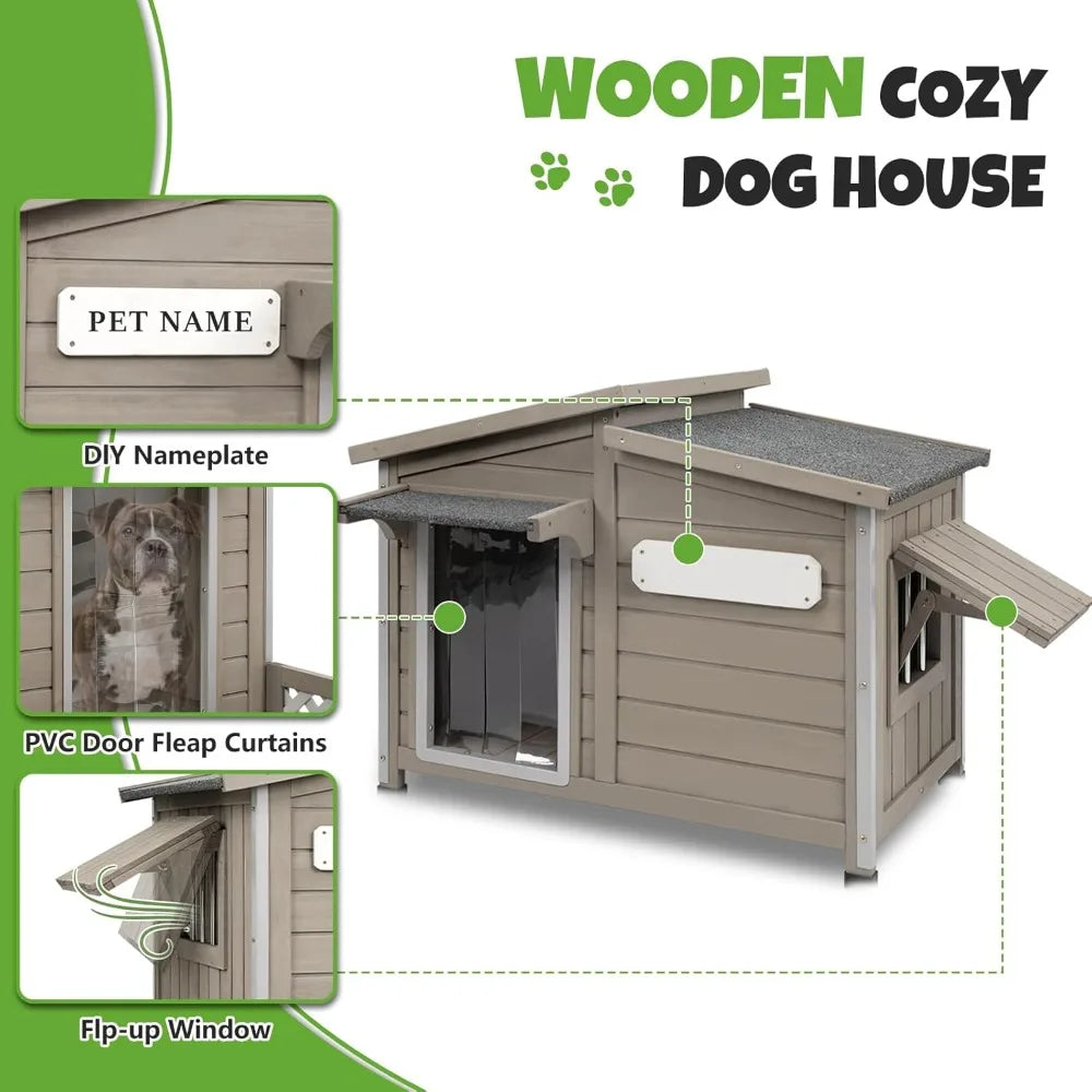 Outdoor Dog House 34", Fir Wood with Chew-Resistant Alloy Frame, Flip-Up Window & Removable Floor