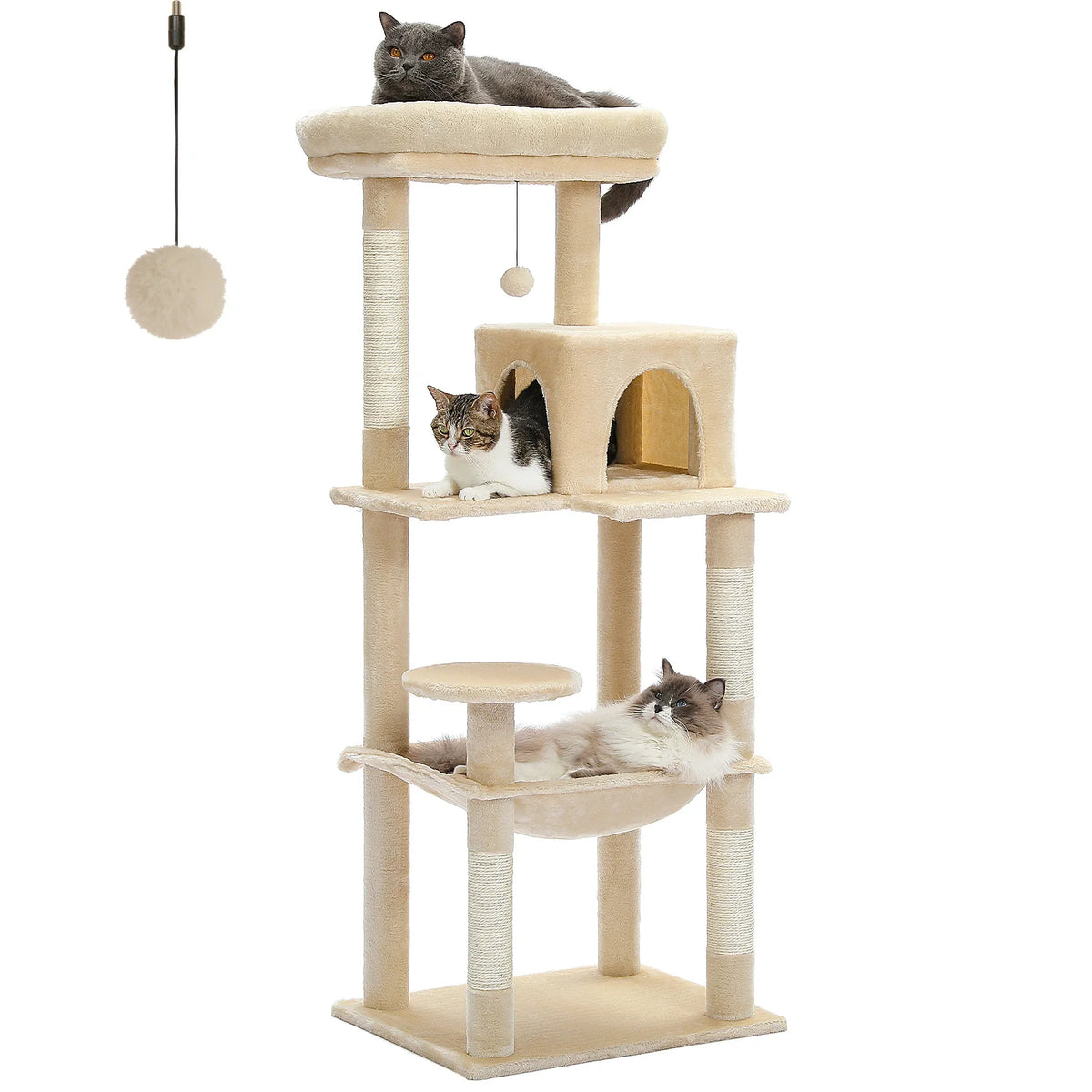 Cat Tree 143cm, 5-Level with Sisal Posts, Hammock, Condo & Top Perch